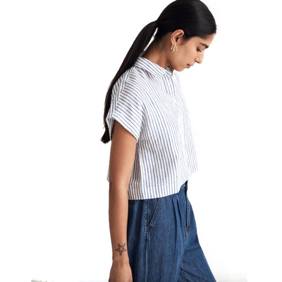 Madewell Striped Dolman Cropped Collared Button Up Shirt - Picture 2 of 13